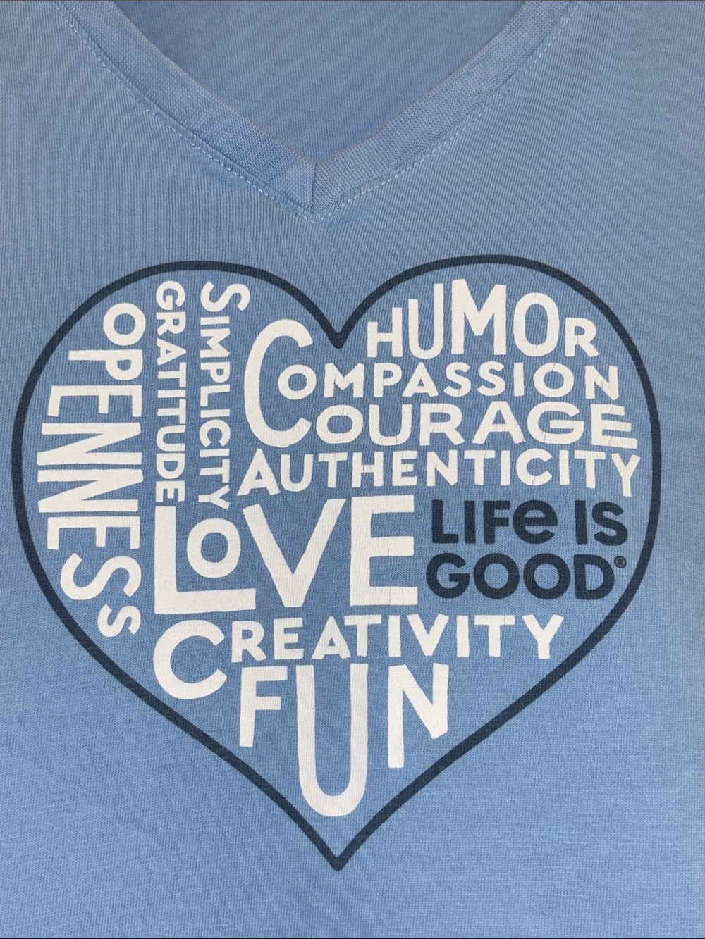 Life Is Good Light Blue V-Neck Positive Message Word-Art Heart Tee